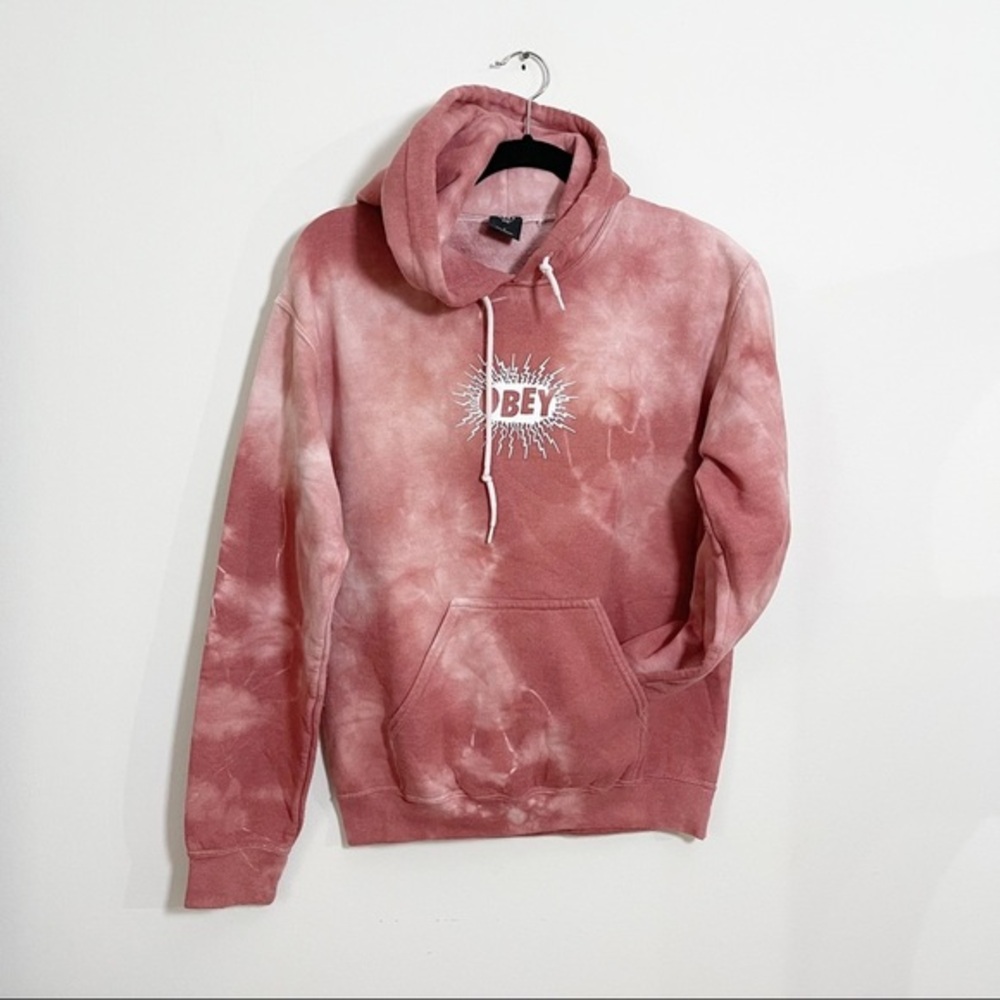 Obey Tie Dye Pullover Hoodie Kangaroo Pocket Russet/Pink/White Logo Front sz Sm